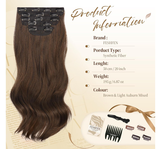 Нарощування волосся FESHFEN на заколках, м'яке синтетичне нарощування волосся для жінок, 20 дюймів, коричневий та каштановий (0110)