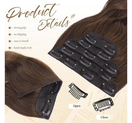 Нарощування волосся FESHFEN на заколках, м'яке синтетичне нарощування волосся для жінок, 20 дюймів, коричневий та каштановий (0110)