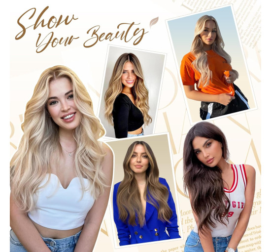 Нарощування волосся FESHFEN на заколках, м'яке синтетичне нарощування волосся для жінок, 20 дюймів, коричневий та каштановий (0110)