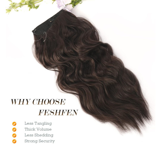 Нарощування волосся FESHFEN, невидимі секретні нарощування волосся, синтетичне волосся, перуки для жінок, темно-коричневі, 40 см (0089)