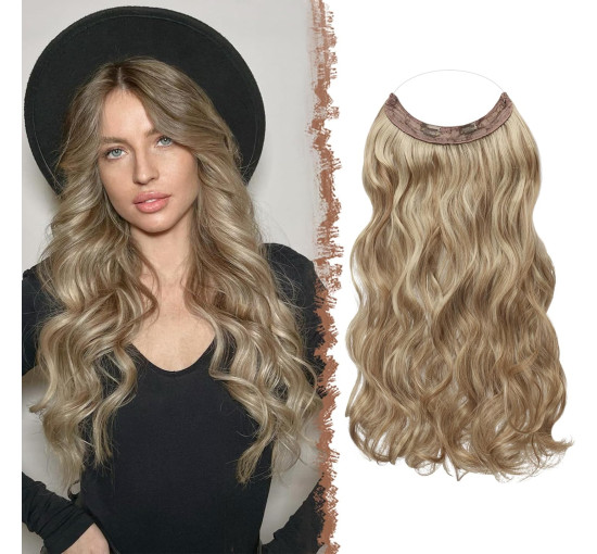 Невидимі дротяні нарощування волосся FESHFEN, синтетичне кучеряве волосся, для жінок 20 дюймів, карамельно-коричневий змішаний попелястий блонд (0113)