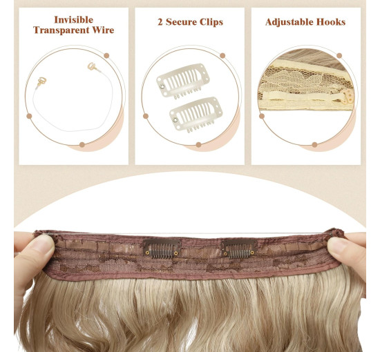 Невидимі дротяні нарощування волосся FESHFEN, синтетичне кучеряве волосся, для жінок 20 дюймів, карамельно-коричневий змішаний попелястий блонд (0113)