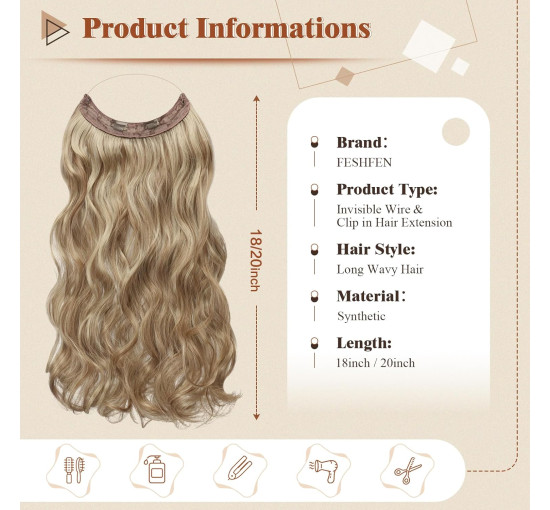 Невидимі дротяні нарощування волосся FESHFEN, синтетичне кучеряве волосся, для жінок 20 дюймів, карамельно-коричневий змішаний попелястий блонд (0113)