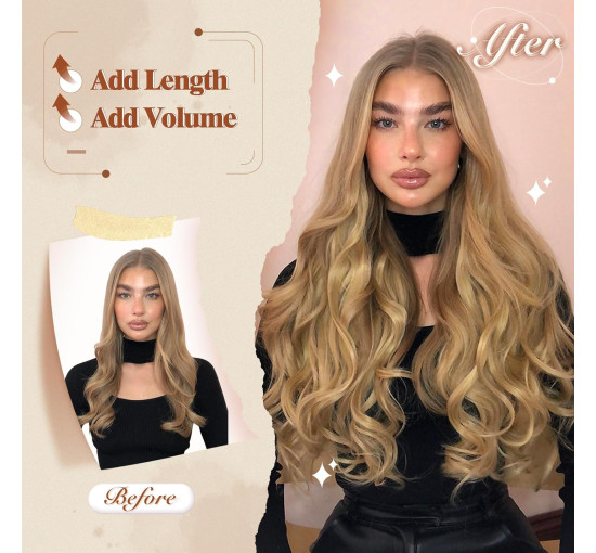 Невидимі дротяні нарощування волосся FESHFEN, синтетичне кучеряве волосся, для жінок 20 дюймів, карамельно-коричневий змішаний попелястий блонд (0113)