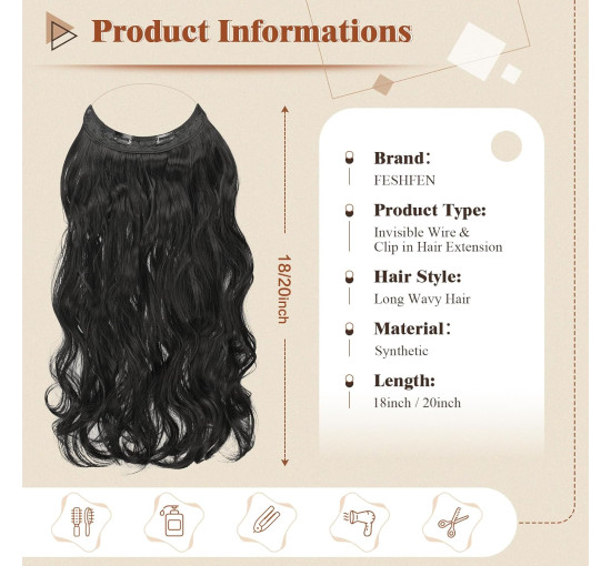 Невидимі дротяні нарощування волосся FESHFEN, синтетичне регульоване кучеряве волосся для жінок 20 дюймів, натуральний чорний (0116)