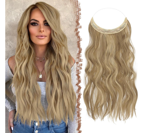 Невидиме дротяне нарощування волосся FESHFEN з прозорою ниткою, довгий 40 см хвилястий, світло-коричневий та блонд (0093)