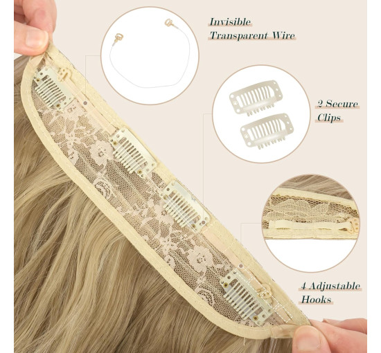 Невидиме дротяне нарощування волосся FESHFEN з прозорою ниткою, довгий 40 см хвилястий, світло-коричневий та блонд (0093)