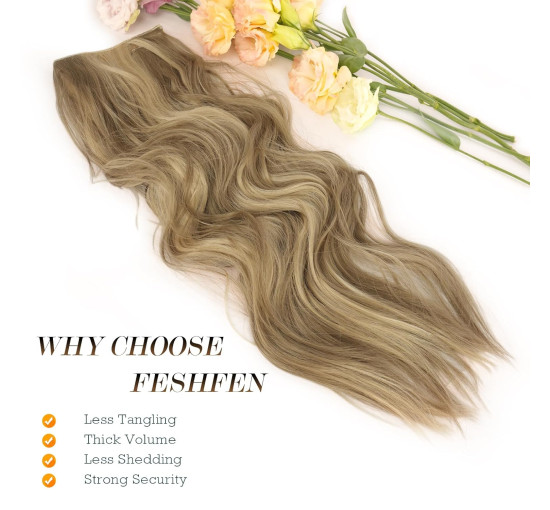 Невидиме дротяне нарощування волосся FESHFEN з прозорою ниткою, довгий 40 см хвилястий, світло-коричневий та блонд (0093)