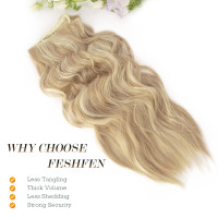 Невидимое проволочная наращивание волос FESHFEN с прозрачной нитью, длинный 40 см волнистый, темно-золотистый микс бежевого блонда (0092)
