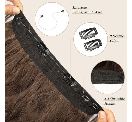 Невидиме дротяне нарощування волосся FESHFEN з прозорою ниткою, довгий 50 см хвилястий, коричневий та світло-коричневий колір M18 (0091)