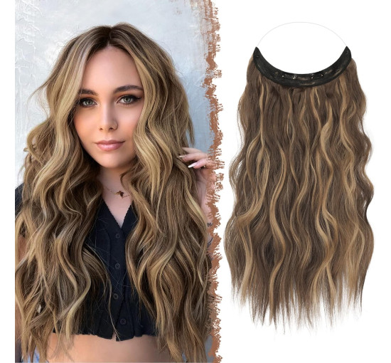 Невидиме дротяне нарощування волосся FESHFEN з прозорою ниткою, довгий 50 см хвилястий, медово-русявий та світло-коричневий (0088)