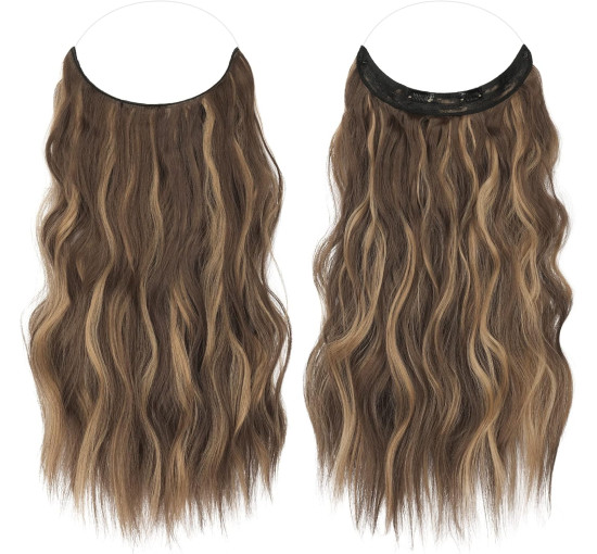 Невидиме дротяне нарощування волосся FESHFEN з прозорою ниткою, довгий 50 см хвилястий, медово-русявий та світло-коричневий (0088)