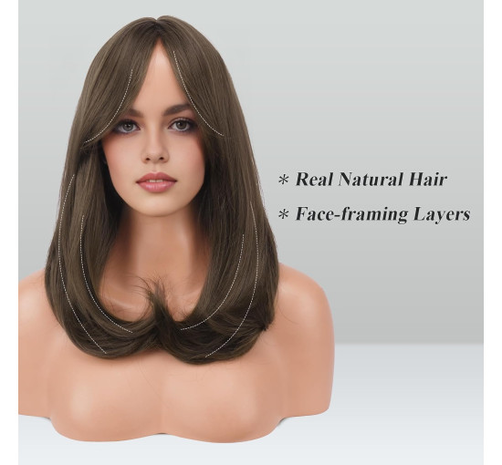 Перука FESHFEN середнього коричневого кольору з чубчиком, синтетичний прямий перуковий візерунок з натуральним волоссям, 18 дюймів (0099)