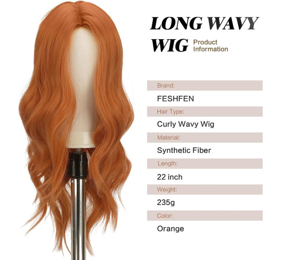 Помаранчеві перуки для жінок FESHFEN 22 дюйми, синтетична перука для щоденного косплею (0098)
