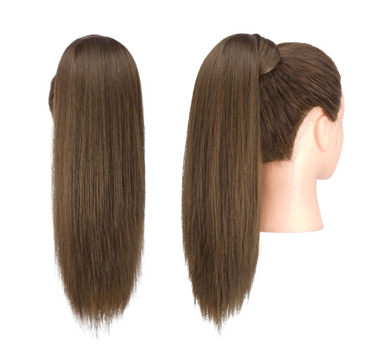 Прямий хвіст FESHFEN, подовжений 14 дюймів, натуральний довгий хвіст, обгортання навколо, перуки для жінок, колір мохово-коричневий (0117)