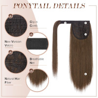 Прямой хвост FESHFEN, удлиненный 14 дюймов, длинный натуральный хвост, обертывание вокруг, парики для женщин, цвет мохово-коричневый (0117)