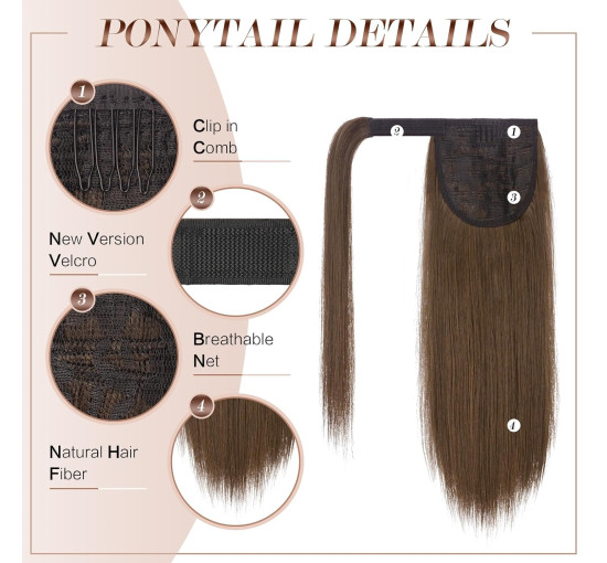 Прямий хвіст FESHFEN, подовжений 14 дюймів, натуральний довгий хвіст, обгортання навколо, перуки для жінок, колір мохово-коричневий (0117)
