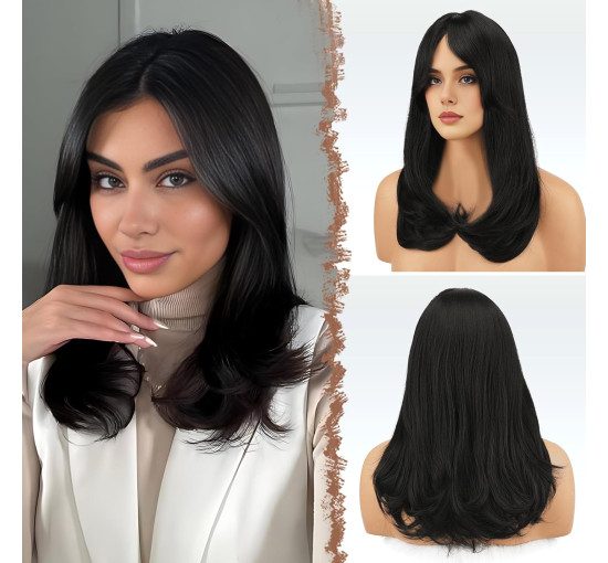 Синтетичне волосся FESHFEN натурального вигляду для жінок, перука з чубчиком18 дюймів, натуральний чорний (0102)