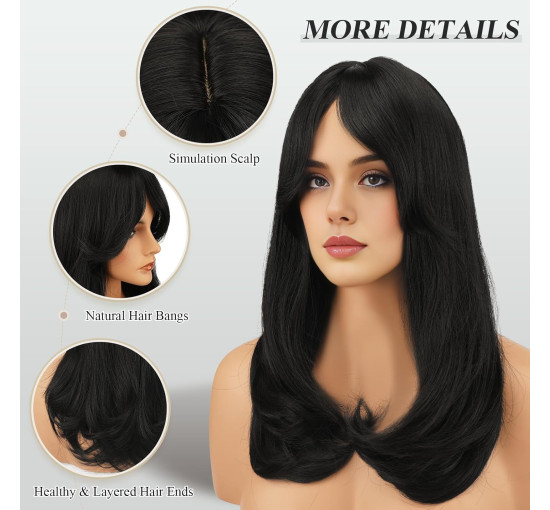 Синтетичне волосся FESHFEN натурального вигляду для жінок, перука з чубчиком18 дюймів, натуральний чорний (0102)