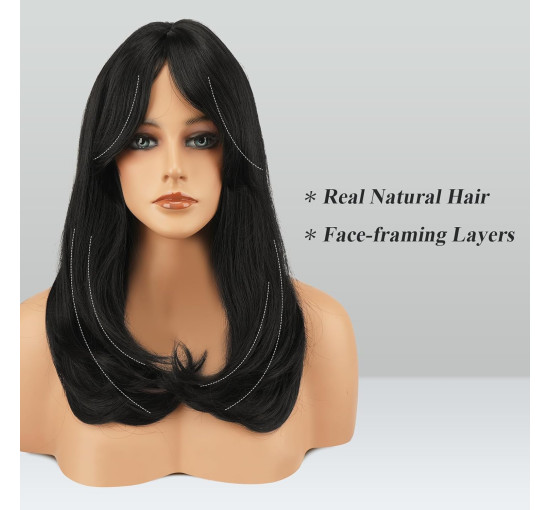 Синтетичне волосся FESHFEN натурального вигляду для жінок, перука з чубчиком18 дюймів, натуральний чорний (0102)