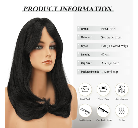 Синтетичне волосся FESHFEN натурального вигляду для жінок, перука з чубчиком18 дюймів, натуральний чорний (0102)