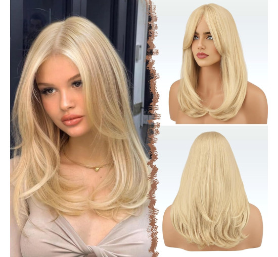 Синтетичне волосся FESHFEN натурального вигляду для жінок, перука з чубчиком18 дюймів, світло-русявий (0101)