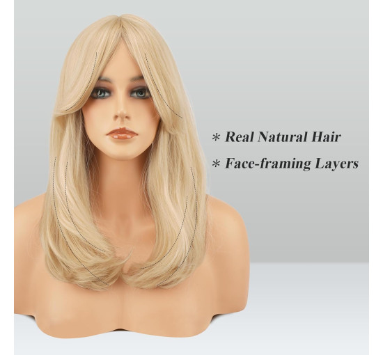 Синтетичне волосся FESHFEN натурального вигляду для жінок, перука з чубчиком18 дюймів, світло-русявий (0101)