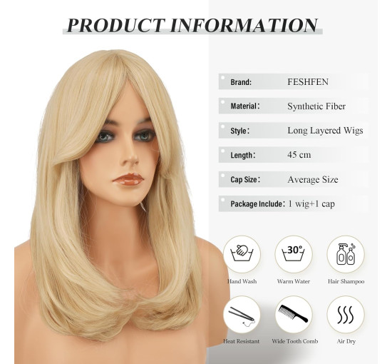 Синтетичне волосся FESHFEN натурального вигляду для жінок, перука з чубчиком18 дюймів, світло-русявий (0101)