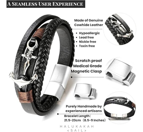 Чоловічий браслет Halukakah WS-HAJWEU2159P, з натуральної шкіри, чорний (4176)