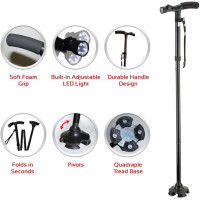 Складана телескопічна тростина Generic з алюмінію, з вбудованим ліхтарем, чорний (5020)