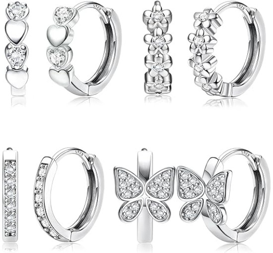 JeweBella 4 пари срібних сережок-кілець JWBE-YZ-ER84-Hoop 925 проби, гіпоалергенні, для дівчаток (5183)