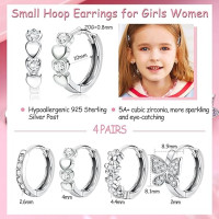 JeweBella 4 пари срібних сережок-кілець JWBE-YZ-ER84-Hoop 925 проби, гіпоалергенні, для дівчаток (5183)