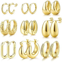 JeweBella 9 пар маленьких золотых серьг-колец JWBE-YZ-ER99-GoldHoop для женщин и девочек, серьги с позолотой 14K (5186)