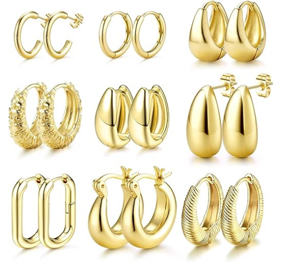 JeweBella 9 пар маленьких золотих сережок-кілець JWBE-YZ-ER99-GoldHoop для жінок і дівчаток, сережки з позолотою 14K (5186)