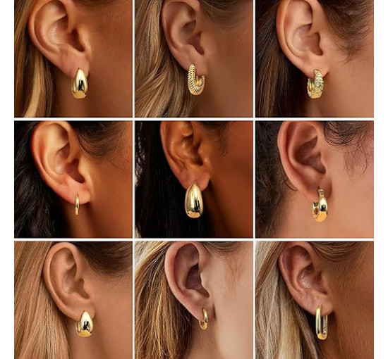 JeweBella 9 пар маленьких золотих сережок-кілець JWBE-YZ-ER99-GoldHoop для жінок і дівчаток, сережки з позолотою 14K (5186)