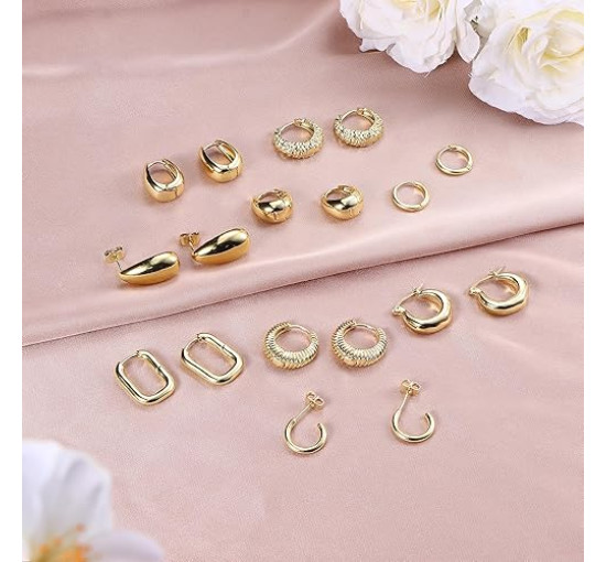 JeweBella 9 пар маленьких золотих сережок-кілець JWBE-YZ-ER99-GoldHoop для жінок і дівчаток, сережки з позолотою 14K (5186)
