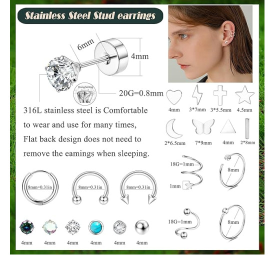 JeweBella 9 пар срібних сережок JWBE-LYF-EH61 для жінок і дівчаток гіпоалергенні (5185)