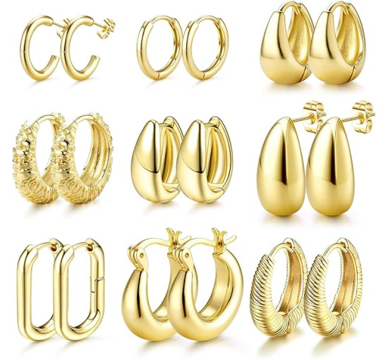 JeweBella Набір золотих сережок-кілець JWBE-YZ-ER99-GoldHoop для жінок і дівчаток, 9 пар (5181)