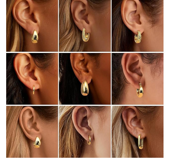 JeweBella Набір золотих сережок-кілець JWBE-YZ-ER99-GoldHoop для жінок і дівчаток, 9 пар (5181)