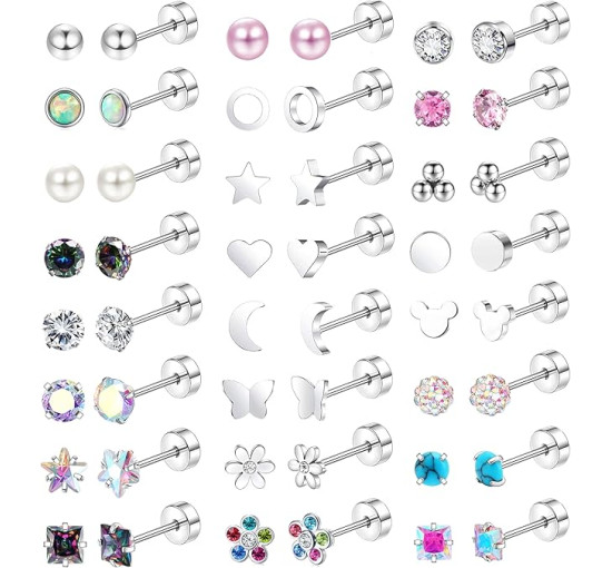 JeweBella Сережки-гвоздики JWBE-LYF-EH67 з хірургічної сталі, 24 пари для жінок і дівчаток - гіпоалергенні (5184)