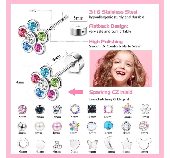 JeweBella Сережки-гвоздики JWBE-LYF-EH67 з хірургічної сталі, 24 пари для жінок і дівчаток - гіпоалергенні (5184)