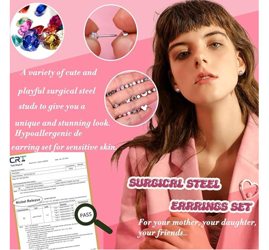 JeweBella Сережки-гвоздики JWBE-LYF-EH67 з хірургічної сталі, 24 пари для жінок і дівчаток - гіпоалергенні (5184)