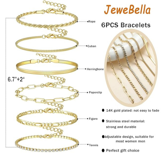 JeweBella золотий жіночий набір браслетів JWBE-YZ-BC26-Gold-A з нержавіючої сталі з позолотою 14 карат (5176)