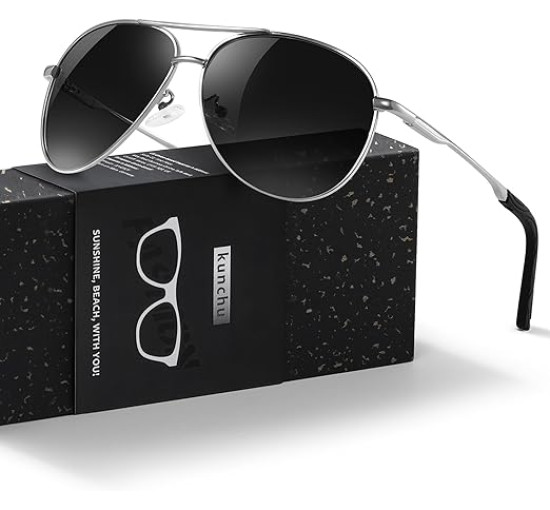 Kunchu Сонячні окуляри, поляризовані, унісекс, UV400 захист, класичні, сріблясто-сірий (5158)