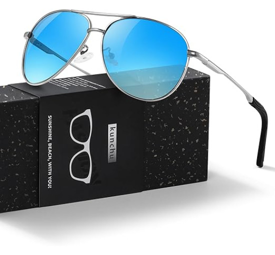 Kunchu Сонячні окуляри, поляризовані, унісекс, UV400 захист, класичні, сріблясто-сині (5159)