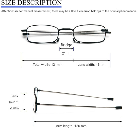 Складані окуляри для читання MMOWW ITL029-BK-2.5 для чоловіків та жінок з телескопічним стрижнем, чорні (3158)