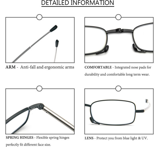 Складані окуляри для читання MMOWW ITL029-BKBU1.5 для чоловіків та жінок з телескопічним стрижнем, чорний, синій (3157)