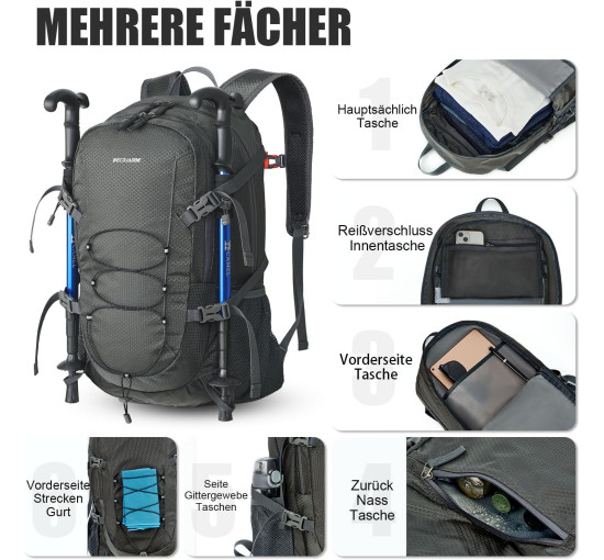 BECOJADDE Рюкзак для походів, 40 л, водонепроникний, туристичний, сірий (5149)