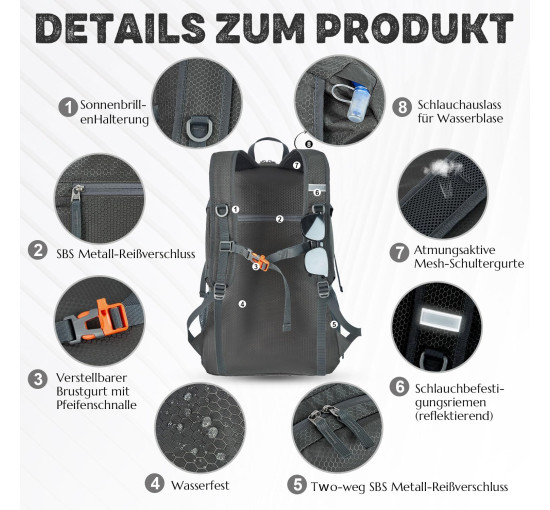 BECOJADDE Рюкзак для походів, 40 л, водонепроникний, туристичний, сірий (5149)