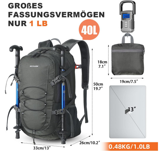 BECOJADDE Рюкзак для походів, 40 л, водонепроникний, туристичний, сірий (5149)